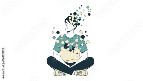 Illustration of a person meditating with geometric shapes emanating from their head