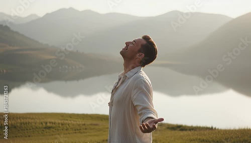 Man outdoors with arms raised towards mountains and water