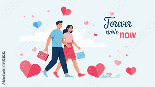 Young loving couple walking together outdoors on beautiful romantic day with hearts floating around them in light blue background