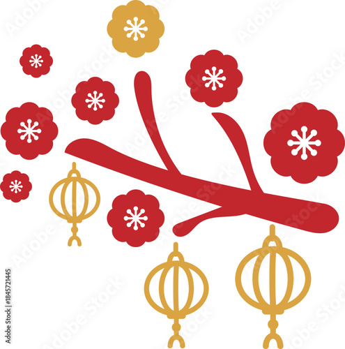 Plum Blossom Branch With Multiple Hanging Lanterns