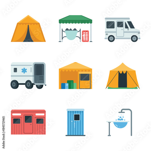 Temporary shelter sanitation and field hospital icons set for disaster response operations flat vector illustration emergency management symbols
