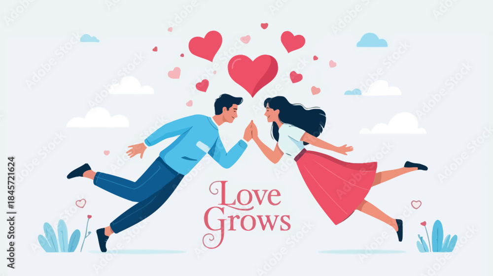 Fototapeta premium Man and woman in romantic scene with hearts floating around them in pastel sky