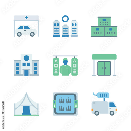 Healthcare infrastructure and medical staff icons set showing hospital buildings doctors ambulances supplies flat vector illustration design