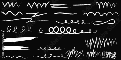 Grunge hand-drawn scrawls, chalk and charcoal scribbles, rough ink brush strokes, abstract underlines and strike-through marks, bold freehand lines, vector illustration