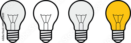 Four light bulbs with one shining bright yellow