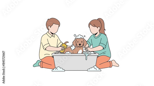 Children Bathing a Dog in a Tub: A Cute Vector Illustration of Pet Care