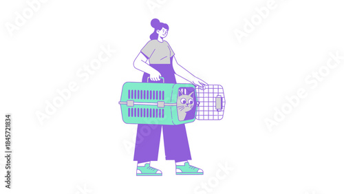 Woman carrying cat in a carrier and illustration of cat in another carrier minimal design style