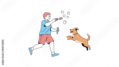 A young boy playing with a dog, blowing bubbles, enjoying happy leisure time together