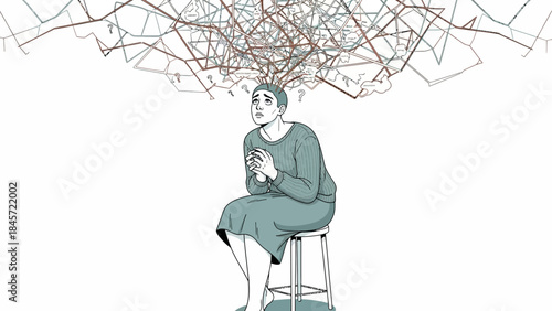 Illustration depicting a person overwhelmed by thoughts and abstract mental processes