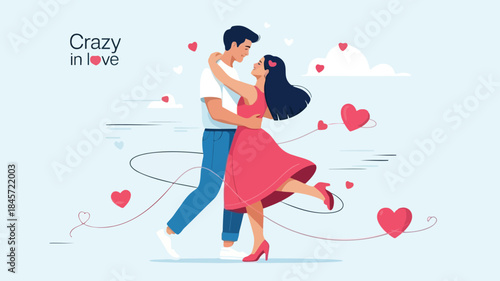 Man and woman dancing together with hearts floating around them in a romantic atmosphere