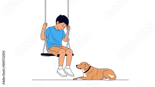 Illustration of a boy on a swing with his dog looking at him, perfect for design