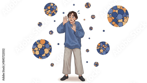 Illustration of a scared person surrounded by abstract circular elements