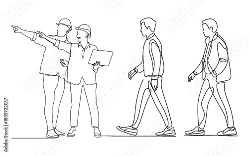 Top view cad drawing set for architectural projects, executive men standing. Construction people in lines project drawing architects and workers editable vector 