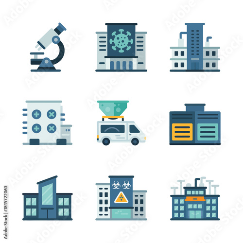Scientific research and medical facility icons collection including laboratories clinics ambulances equipment flat vector illustration system