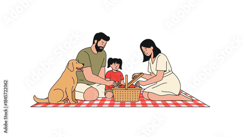 Family picnic with a dog enjoying leisure time together outdoor on a sunny day