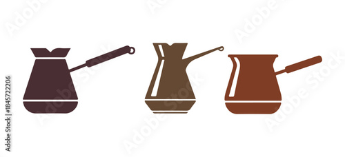Turks depicted with a colorful coffee outline and a filled icon. An old-fashioned cezve or jezva as a coffee sign. Icon of a Turkish coffee pot.

