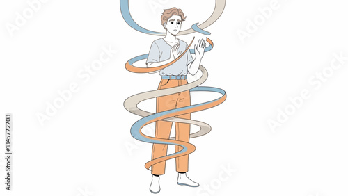Illustration of a man with swirling ribbons around him representing emotions and concepts