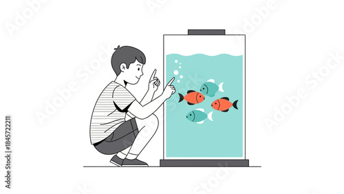 A young boy points at fish in an aquarium, a scene of observation and amazement