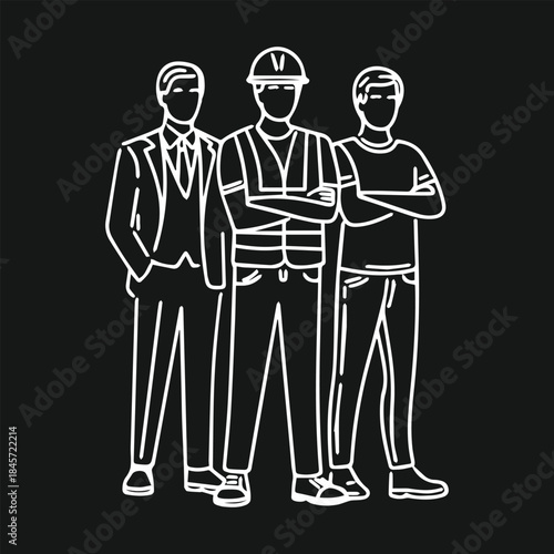 Top view cad drawing set for architectural projects, executive men standing. Construction people in lines project drawing architects and workers editable vector 