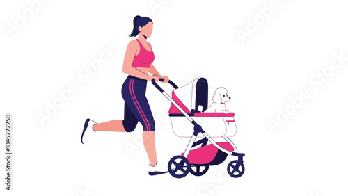 Woman jogging with a dog in a stroller vector illustration on a white background