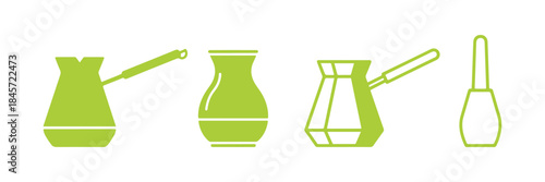 Turks featuring a colored coffee outline and a filled icon. A vintage cezve or jezva representing a coffee sign. Symbol of a Turkish coffee pot.