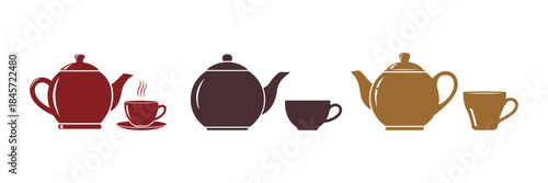 A colored icon featuring a teapot and cup set against a plain background, designed in a flat style. Vector illustration.