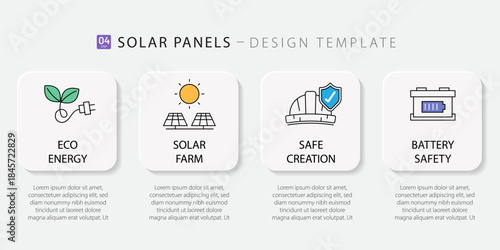Infographic layout featuring four key concepts of solar power technology: sustainable energy, farm installation, construction safety, and battery storage. 4 option or steps vector illustration.
