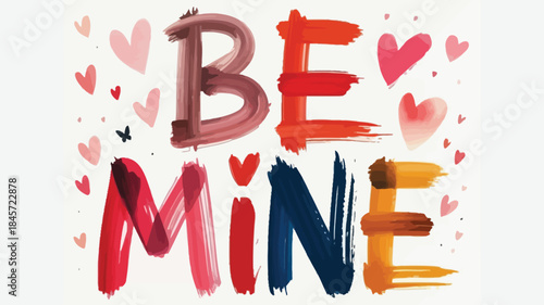 A modern painted illustration of the phrase be mine with colorful hearts on white background perfect for valentine's day