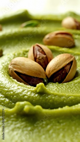 Pistachio Nuts Falling Into Green Creamy Pistachio Paste