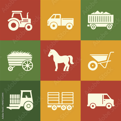 Vintage farm transport icons, tractor wagon horse cart wheelbarrow symbols, countryside agriculture theme, retro flat vector set design