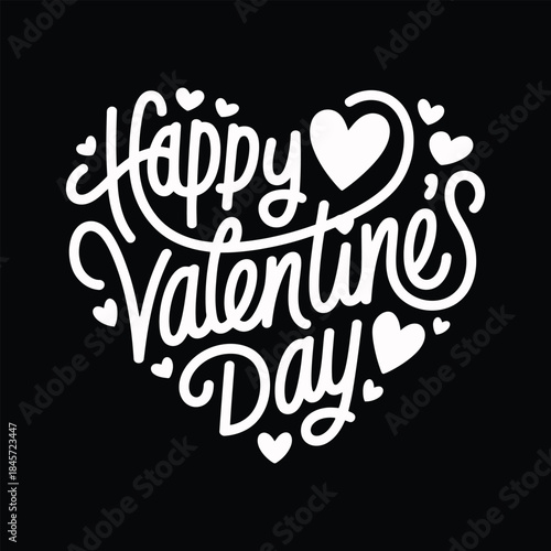 Happy Valentine's Day white text with hearts on black