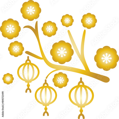 Gold Plum Blossom Branch With Hanging Chinese Lanterns