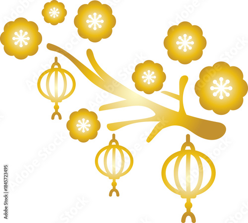 Chinese Plum Blossom Tree Branch With Gold Lanterns
