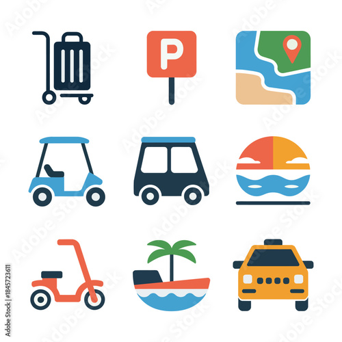 Travel service icon collection, parking luggage map taxi scooter boat symbols, tourism transportation theme, modern flat vector illustration