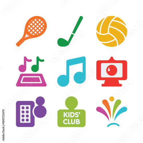 Children club icon collection, music sports mobile screen celebration symbols, playful learning entertainment theme, colorful flat vector illustration