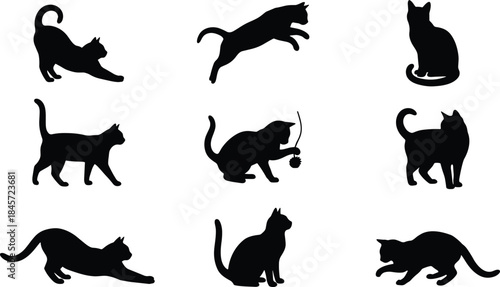 Black cat silhouettes set, feline poses collection, playful pet shapes, animal vector art, cute kitty design, jumping and stretching, cad drawing flat vector illustration