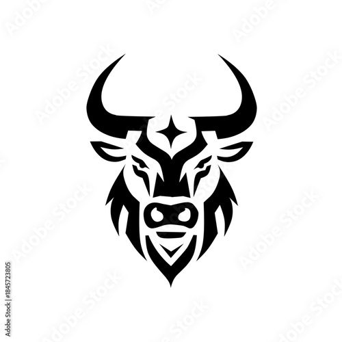 Bold black bull head vector with sharp horns and strong facial lines, symbolizing power, resilience, determination, courage, and dominant strength in modern minimalist style.