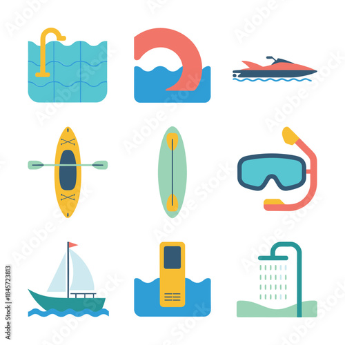 Beach vacation service icon collection, swimming surf shower boat gear symbols, seaside travel leisure theme, flat vector illustration
