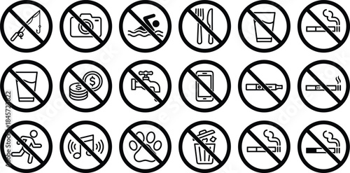 Prohibition line icons set, forbidden symbols collection, warning signs, restriction marks, public rule elements, safety stop signals, cad drawing flat vector illustration