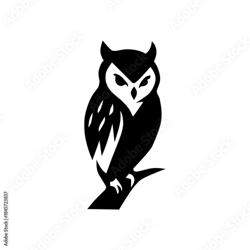 Minimalist black owl silhouette perched on a branch, featuring sharp eyes and clean lines, symbolizing wisdom, vigilance, mystery, and nocturnal intelligence.