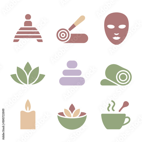 Massage therapy icon collection, hot stone face mask candle lotus elements, beauty spa treatment concept, flat vector illustration