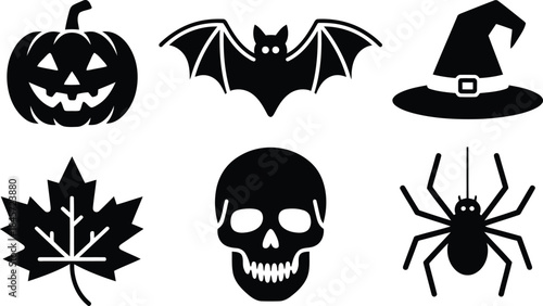 Spooky Halloween icons set with pumpkin, bat, witch hat, leaf, skull, spider