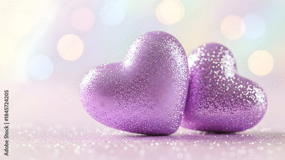 Obraz premium Glittery purple hearts with a soft pastel background for romantic celebration