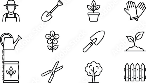 Gardening line icons set, agriculture tools, farming equipment, horticulture symbols, vector collection, planting elements, nature signs, spring garden kit, cad drawing flat vector illustration.