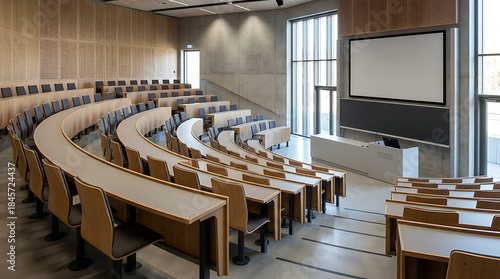 Contemporary and inviting empty lecture hall within a modern university campus, showcasing elegant tiered wooden seating, a large presentation screen, and bright minimalist design