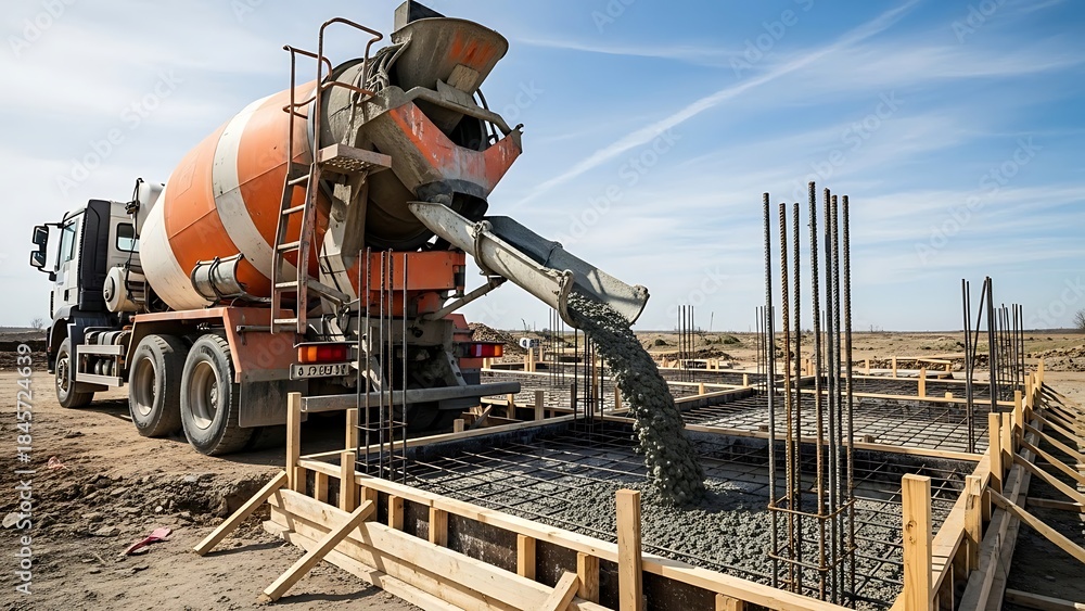 Naklejka premium Concrete Mixer Truck Pouring Cement at Construction Site