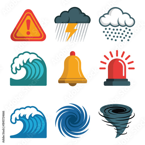 Extreme weather alert illustration set with thunderstorm heavy rain wave siren caution flat vector design elements