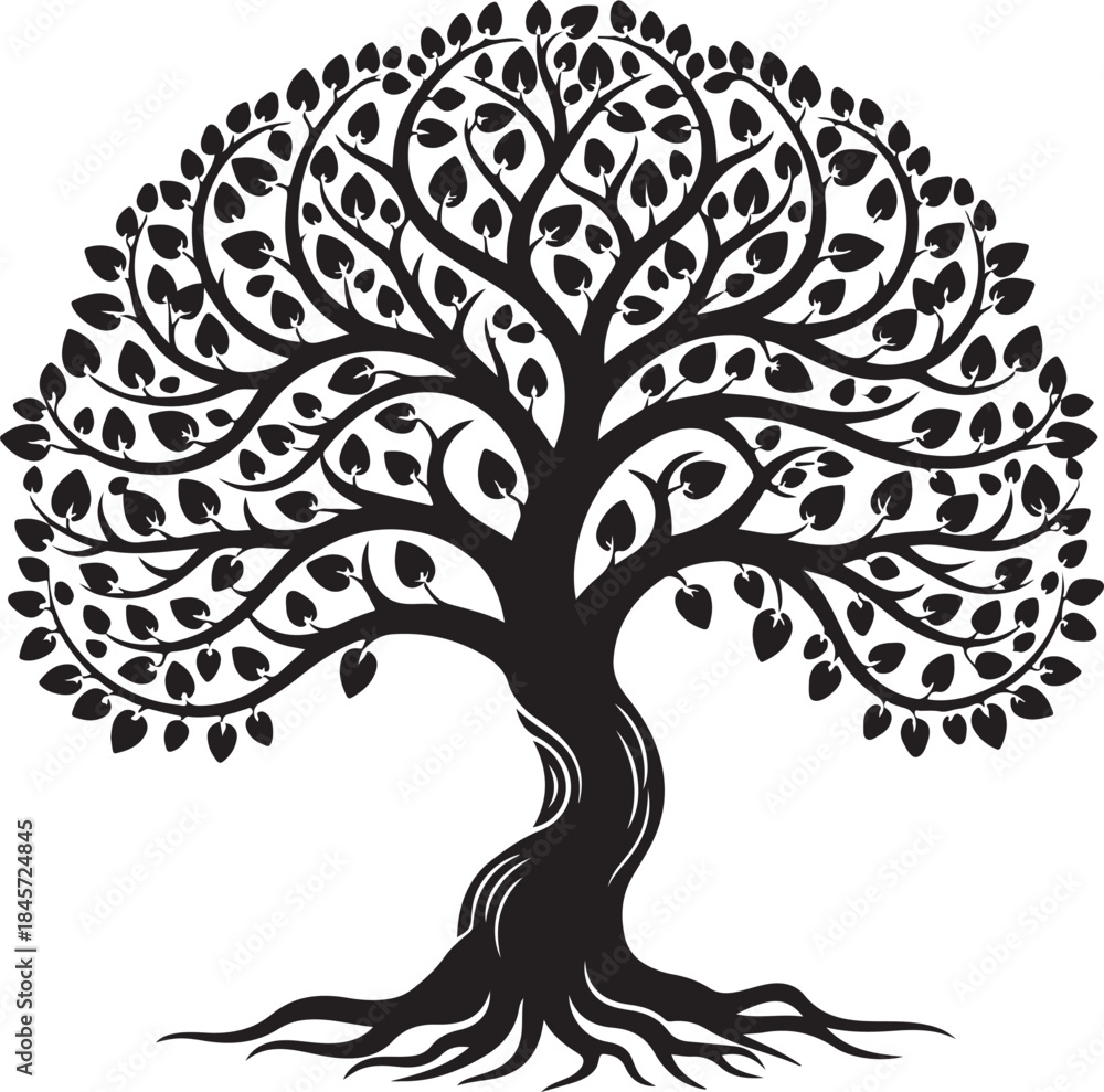 Obraz premium Tree of Life Silhouette – Elegant Black Ornamental Tree with Roots and Leaves on White Background