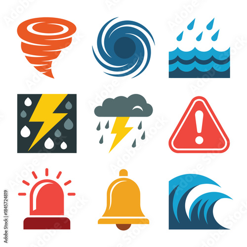 Weather disaster safety icon set featuring storm wave lightning alert sign siren flat vector illustration elements