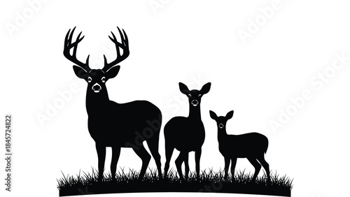 A black silhouette illustration of a deer family featuring a buck, doe, and fawn standing together